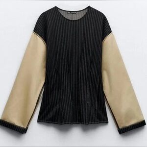 NWT. Zara Black and Tan Long Sleeve Top, Sz M